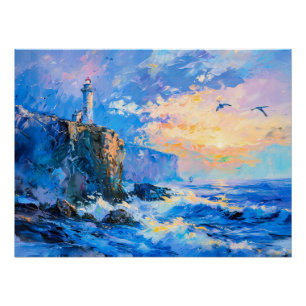 Vuurtoren op Rocky Coast Impressionist Seascape Perfect Poster