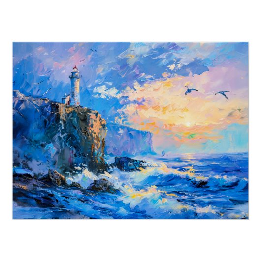 Vuurtoren op Rocky Coast Impressionist Seascape Perfect Poster (Voorkant)