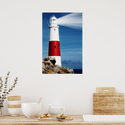 vuurtoren op rotsen met lichte balken poster (Keuken)