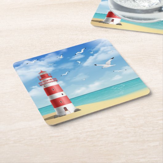 Vuurtoren op strand kartonnen onderzetters (Schuin)