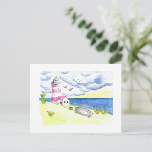 Vuurtoren op strand vissersboot oceaan kust briefkaart (Staand voorkant)