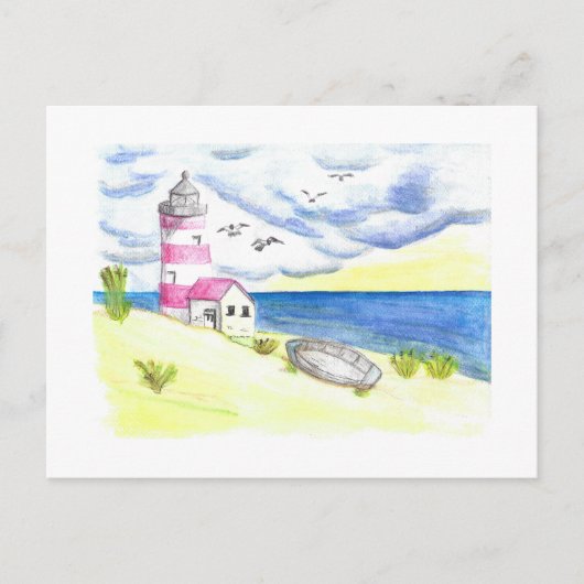 Vuurtoren op strand vissersboot oceaan kust briefkaart (Voorkant)