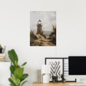 Vuurtoren op strandafdruk,  kunst, nautische poster (Thuiskantoor)