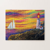 Vuurtoren op Sunset met Sailboat Ocean Legpuzzel (Horizontaal)