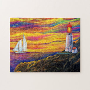 Vuurtoren op Sunset met Sailboat Ocean Legpuzzel