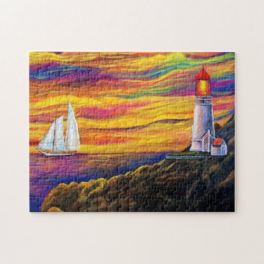 Vuurtoren op Sunset met Sailboat Ocean Legpuzzel (Horizontaal)