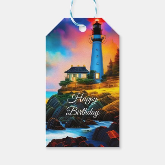 vuurtoren op zonsondergang cadeaulabel (Voorkant)