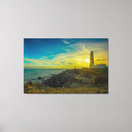 vuurtoren op zonsondergang canvas afdruk