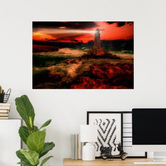 vuurtoren op zonsondergang poster (Thuiskantoor)