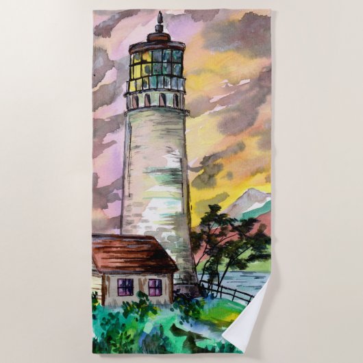 vuurtoren op zonsondergang strandlaken (Voorkant)