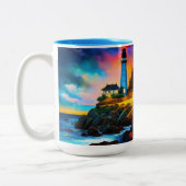 vuurtoren op zonsondergang tweekleurige koffiemok (Links)