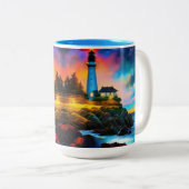 vuurtoren op zonsondergang tweekleurige koffiemok (Voorkant rechts)
