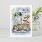 Vuurtoren Palm Tree Zee Kust Kerst Feestdagenkaart (Staand voorkant)