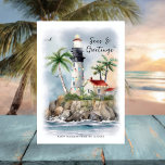 Vuurtoren Palm Tree Zee Kust Kerst Feestdagenkaart<br><div class="desc">Licht de feestdagen op en stuur je 'Zeeen en groeten' met deze kustkerstkaart met een waterverf vuurtoren versierd met feestelijke strijklichten,  tropische palmbomen en oceaangolven. Kunst van KL Stock</div>