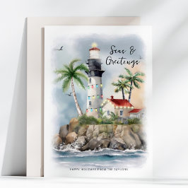 Vuurtoren Palmboom Zee Kust Kerstmis Feestdagenkaart
