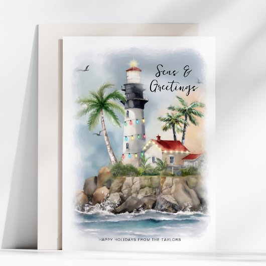 Vuurtoren Palmboom Zee Kust Kerstmis Feestdagenkaart