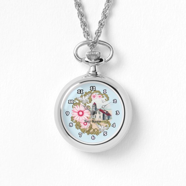 Vuurtoren Pink Daisy Horloge (Voorkant)