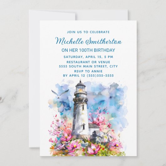 Vuurtoren Roze Bloemen 100ste Verjaardag Kaart (Voorkant)