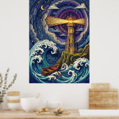 vuurtoren 's nachts met golven poster (Keuken)
