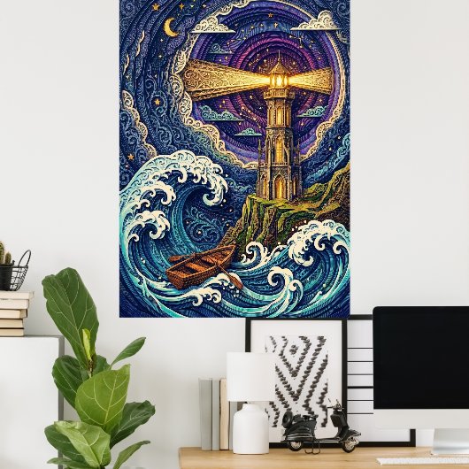 vuurtoren 's nachts met golven poster (Thuiskantoor)