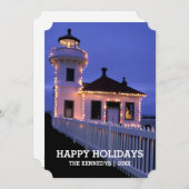 Vuurtoren 's nachts met kerstverlichting feestdagenkaart (Voorkant / Achterkant)