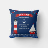 Vuurtoren Sailboot Nautical Baby Boy Birth Stats Kussen (Voorkant)