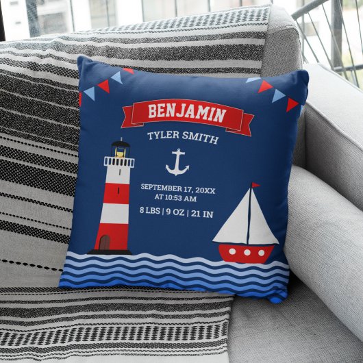 Vuurtoren Sailboot Nautical Baby Boy Birth Stats Kussen