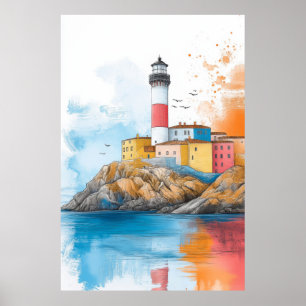 Vuurtoren Seacoast Illustratie Pasteltekening Poster