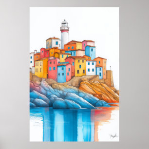 Vuurtoren Seacoast Illustratie Pasteltekening Poster