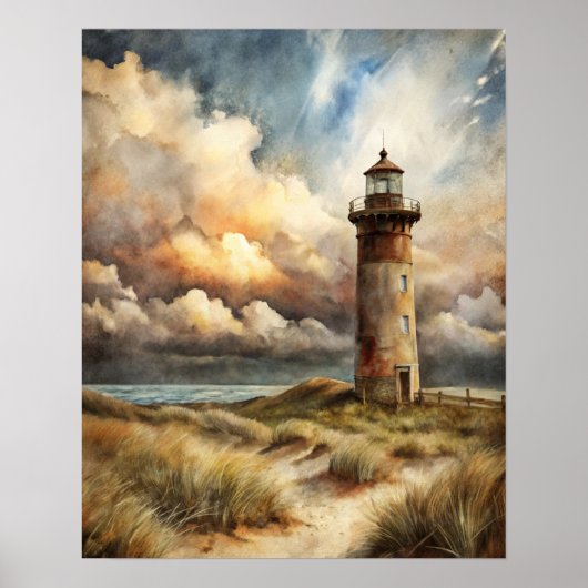 Vuurtoren Seashore Coastal Waterverf Painting Poster (Voorkant)