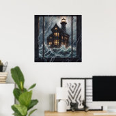 Vuurtoren Stormachtige Nacht Poster (Thuiskantoor)