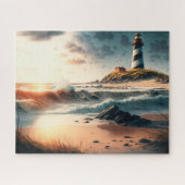vuurtoren, strand, oceaan, golven, puzzel (Horizontaal)