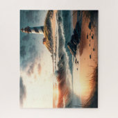 vuurtoren, strand, oceaan, golven, puzzel legpuzzel (Verticaal)