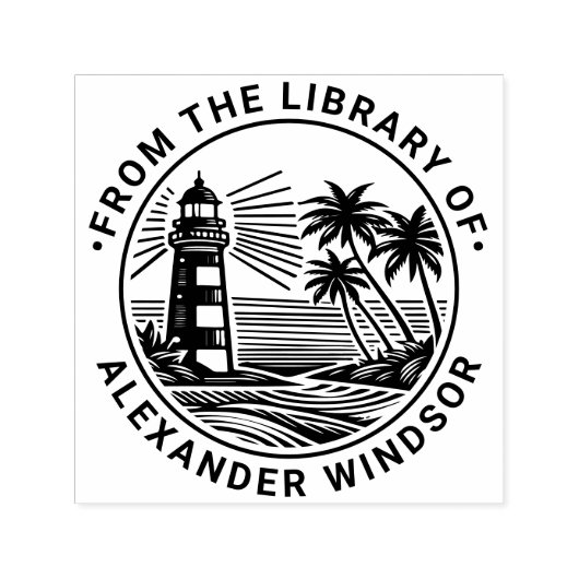 Vuurtoren Strand Palmboom Bibliotheek Boeknaam Zelfinktende Stempel (Design)