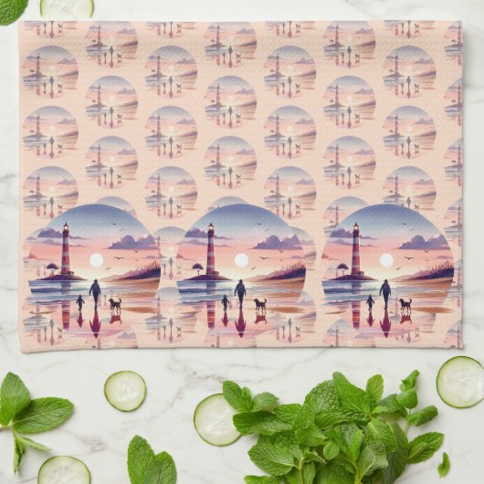 Vuurtoren Sunset Walk Coastal Scene Theedoek (Gevouwen)
