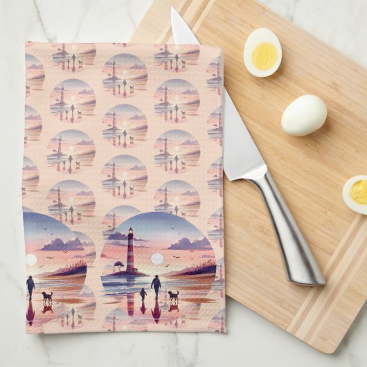 Vuurtoren Sunset Walk Coastal Scene Theedoek (Quarter Fold)