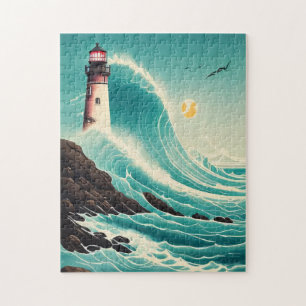 Vuurtoren te midden van brullende golven puzzel -