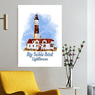 Vuurtoren van Big Sable Point in aquarel - Michiga Foto Afdruk