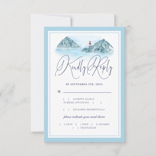 Vuurtoren van de oceaanberg Light Blue Wedding Mea RSVP Kaartje (Voorkant)