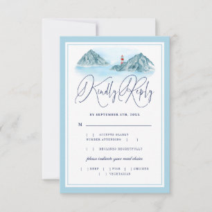 Vuurtoren van de oceaanberg Light Blue Wedding Mea RSVP Kaartje