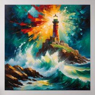 Vuurtoren van Licht en Storm – Abstract Poster