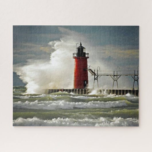 vuurtoren van Michigan met grote golven Legpuzzel (Horizontaal)