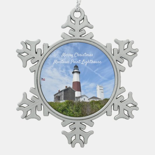 vuurtoren van Montauk Point Tin Sneeuwvlok Ornament (Voorkant)