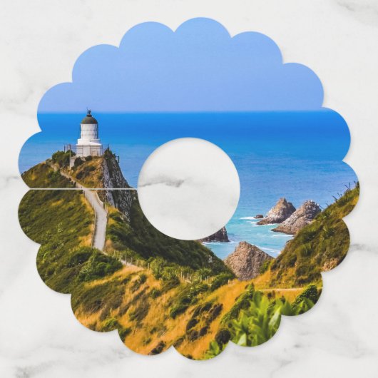 vuurtoren van Nugget Point, Nieuw-Zeeland Wijnglaslabel (Achterkant)