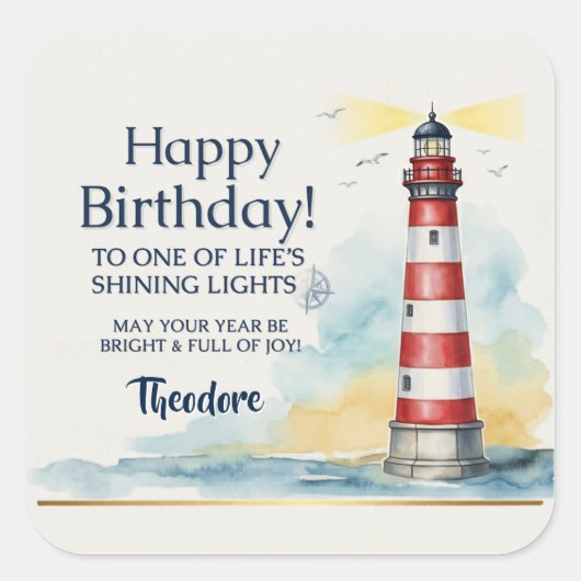 Vuurtoren Verjaardag Lichtend Licht Vierkante Sticker (Voorkant)
