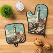 Vuurtoren Vintage Poster Ovenwant & Pannenlap Set (Top down)