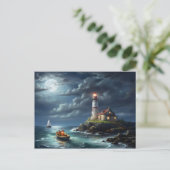 Vuurtoren volle maan lege rij boot briefkaart (Staand voorkant)