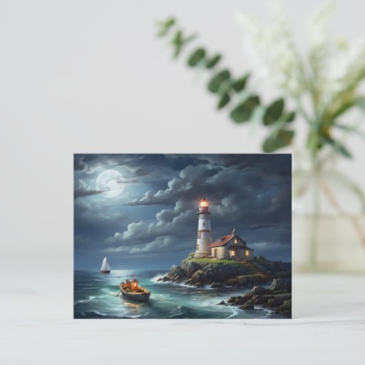 Vuurtoren volle maan lege rij boot briefkaart (Staand voorkant)
