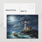 Vuurtoren volle maan lege rij boot briefkaart (Voorkant / Achterkant)