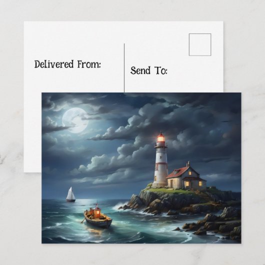Vuurtoren volle maan lege rij boot briefkaart (Voorkant / Achterkant)